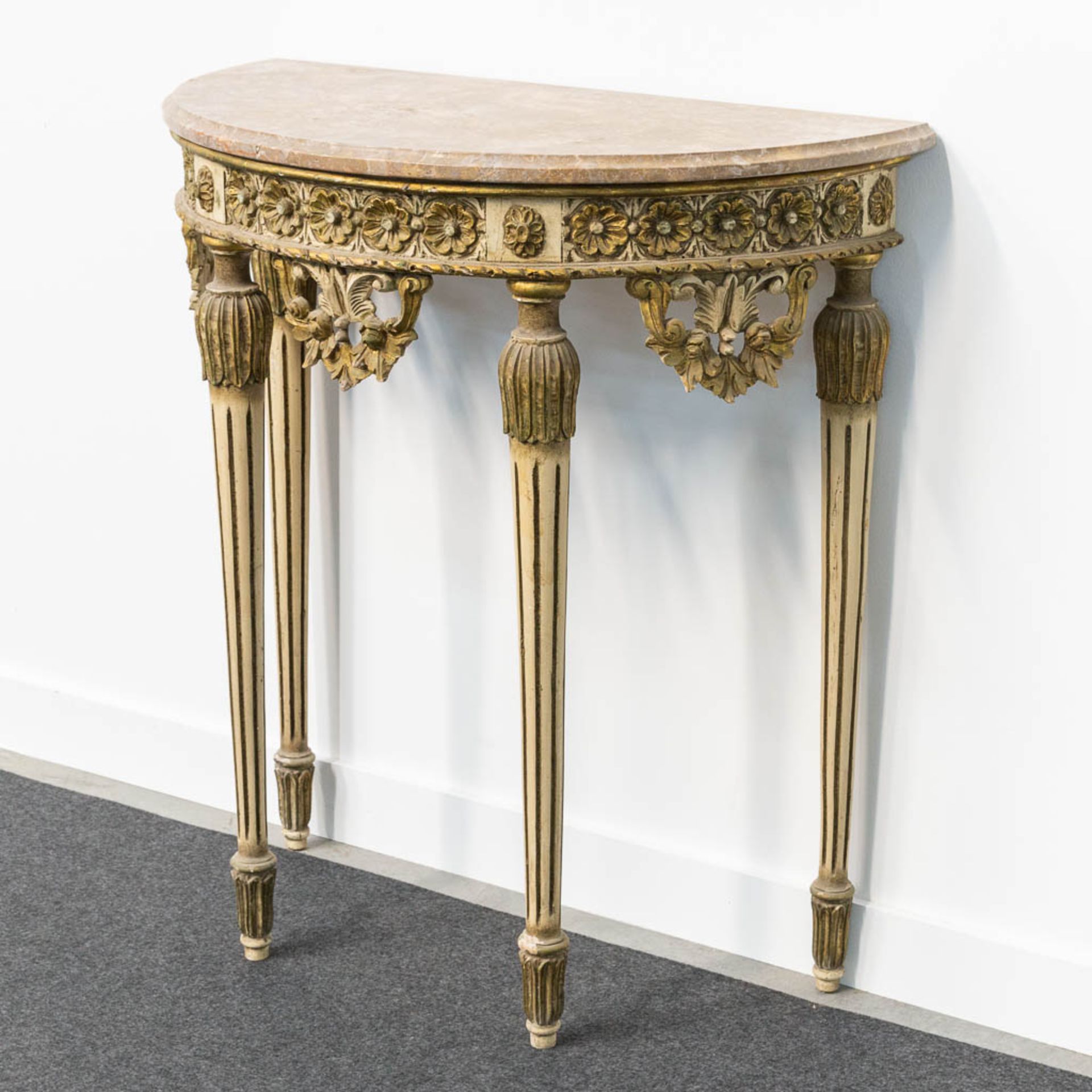A Louis XVI style console table with marble top and sculptured wood decorations. - Image 4 of 12