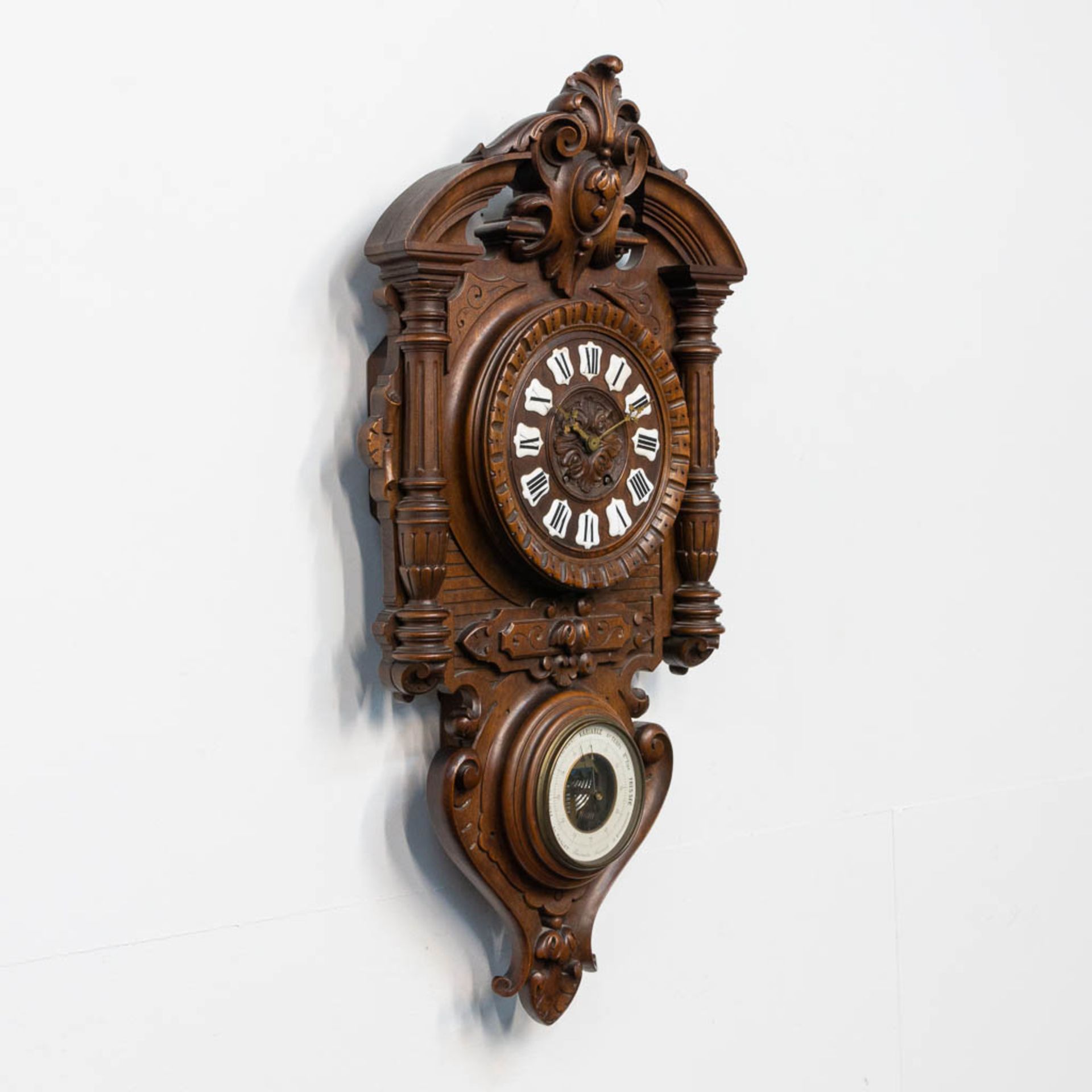 A sculptured wood cartel clock, with barometer - Image 2 of 12