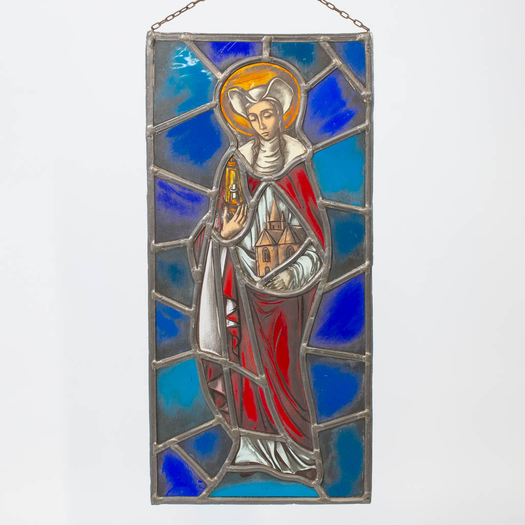A collection of 7 Stained glass in lead window decorations, with religious decor and a view of Bruge - Image 3 of 21