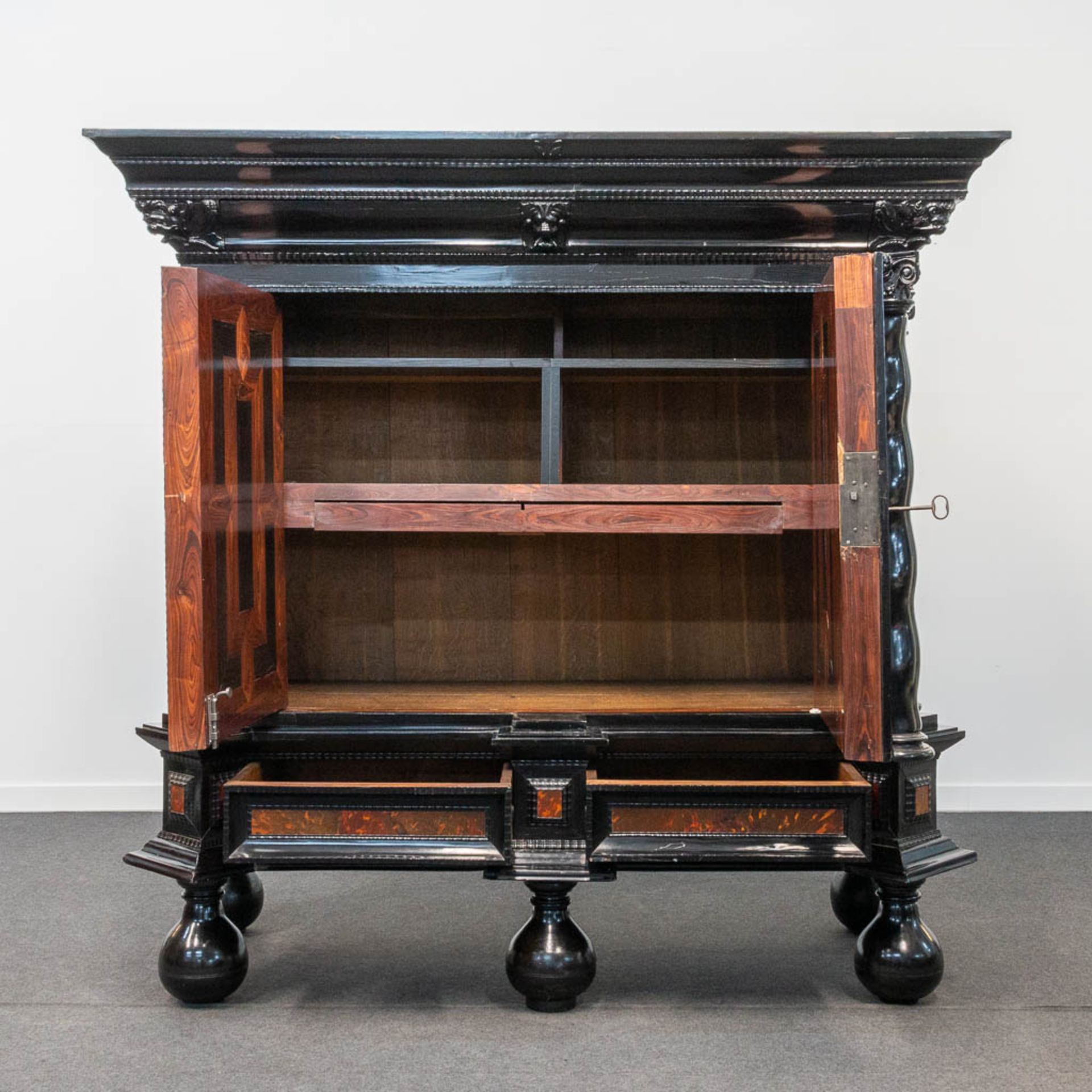 An exceptional Dutch pillow cabinet, ebony veneer, inlaid with tortoiseshell. The second half of the - Image 3 of 10