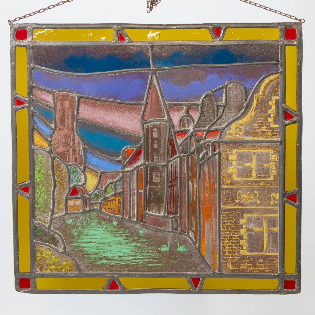 A collection of 7 Stained glass in lead window decorations, with religious decor and a view of Bruge - Image 20 of 21