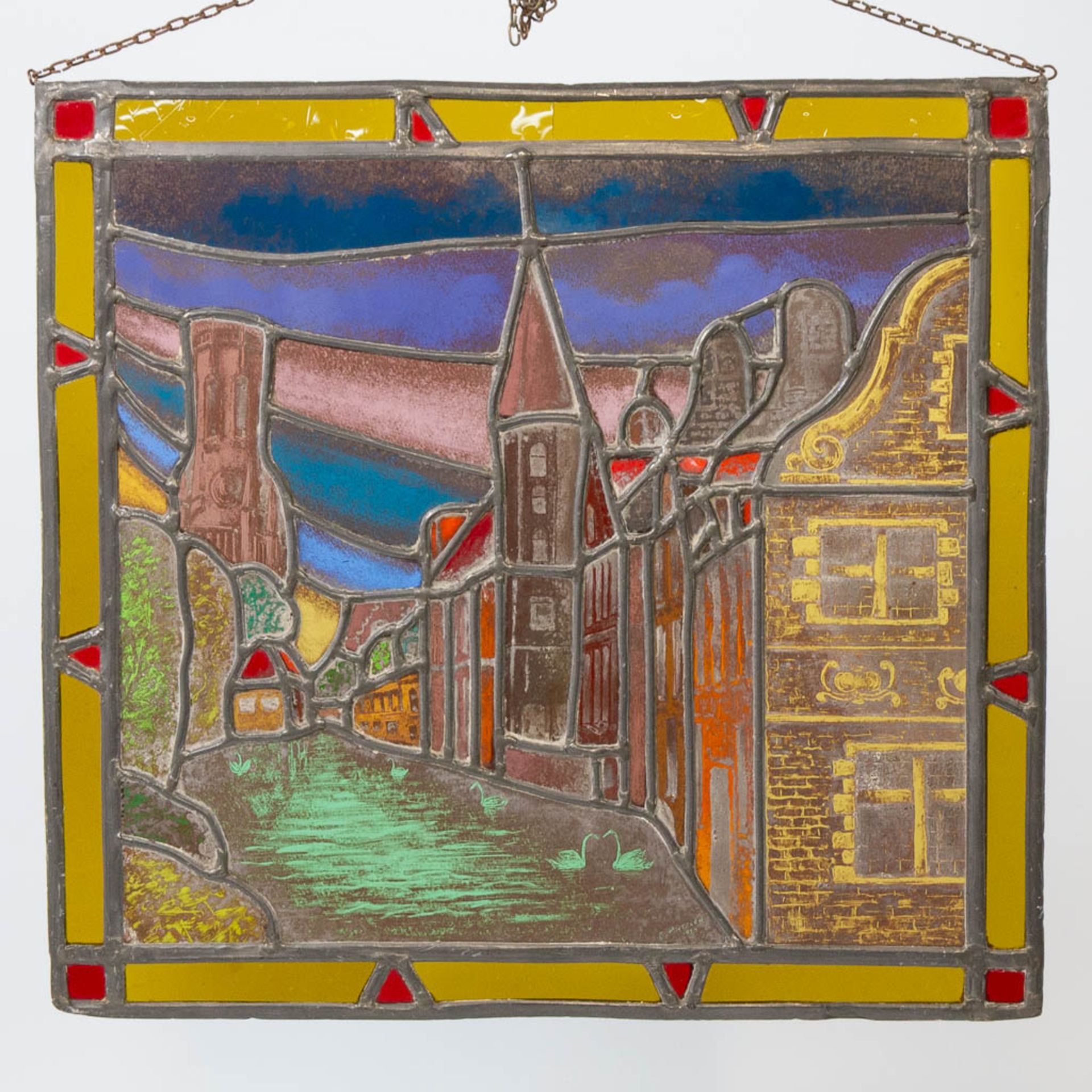 A collection of 7 Stained glass in lead window decorations, with religious decor and a view of Bruge - Bild 20 aus 21