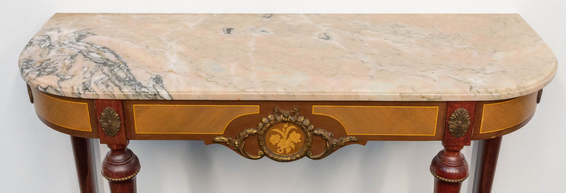 A console table with mirror, inlaid with marquetry, mounted with bronze and with a marble top. - Image 11 of 11