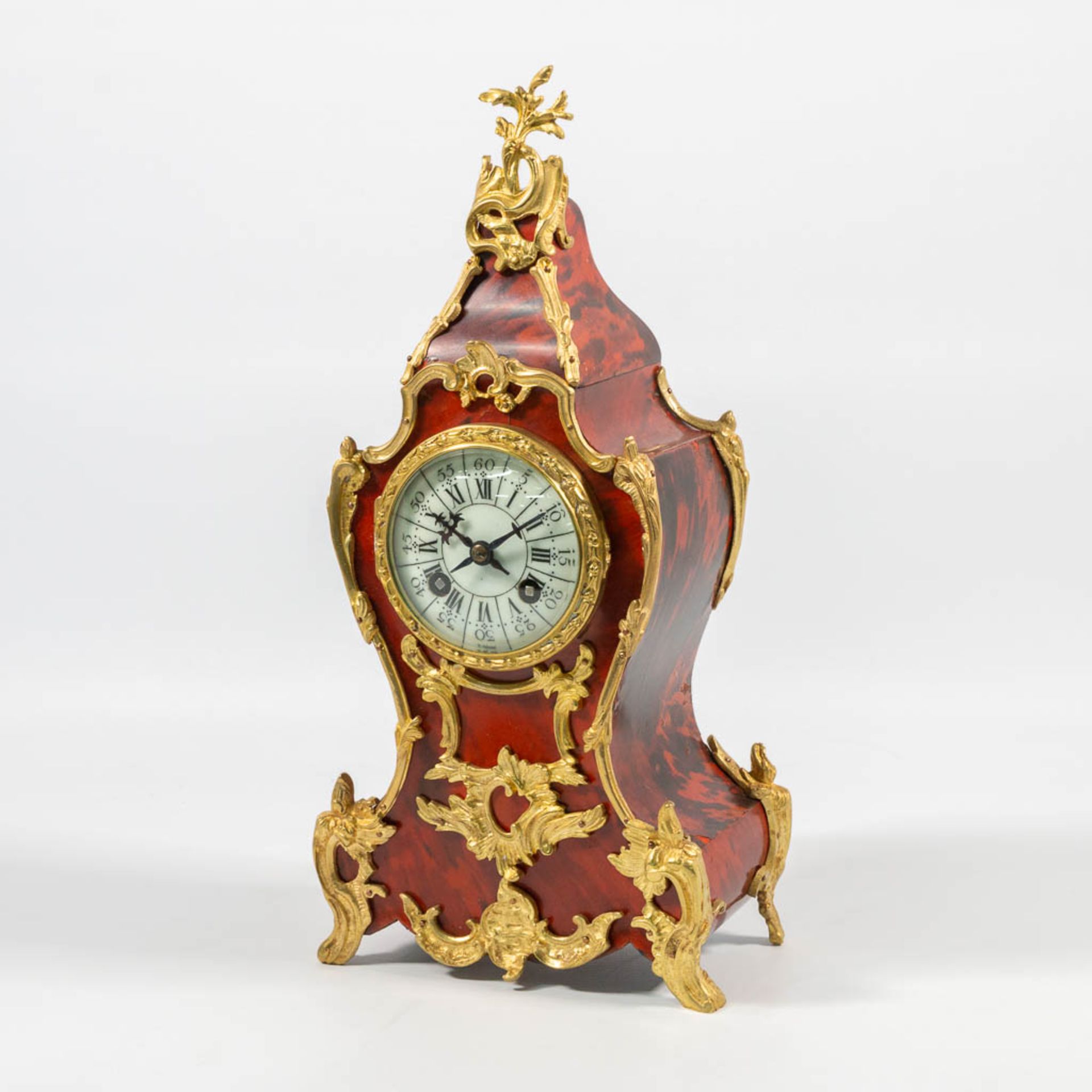 A Table clock made of wood decorated with Tortoise shell and Mount - Image 7 of 16