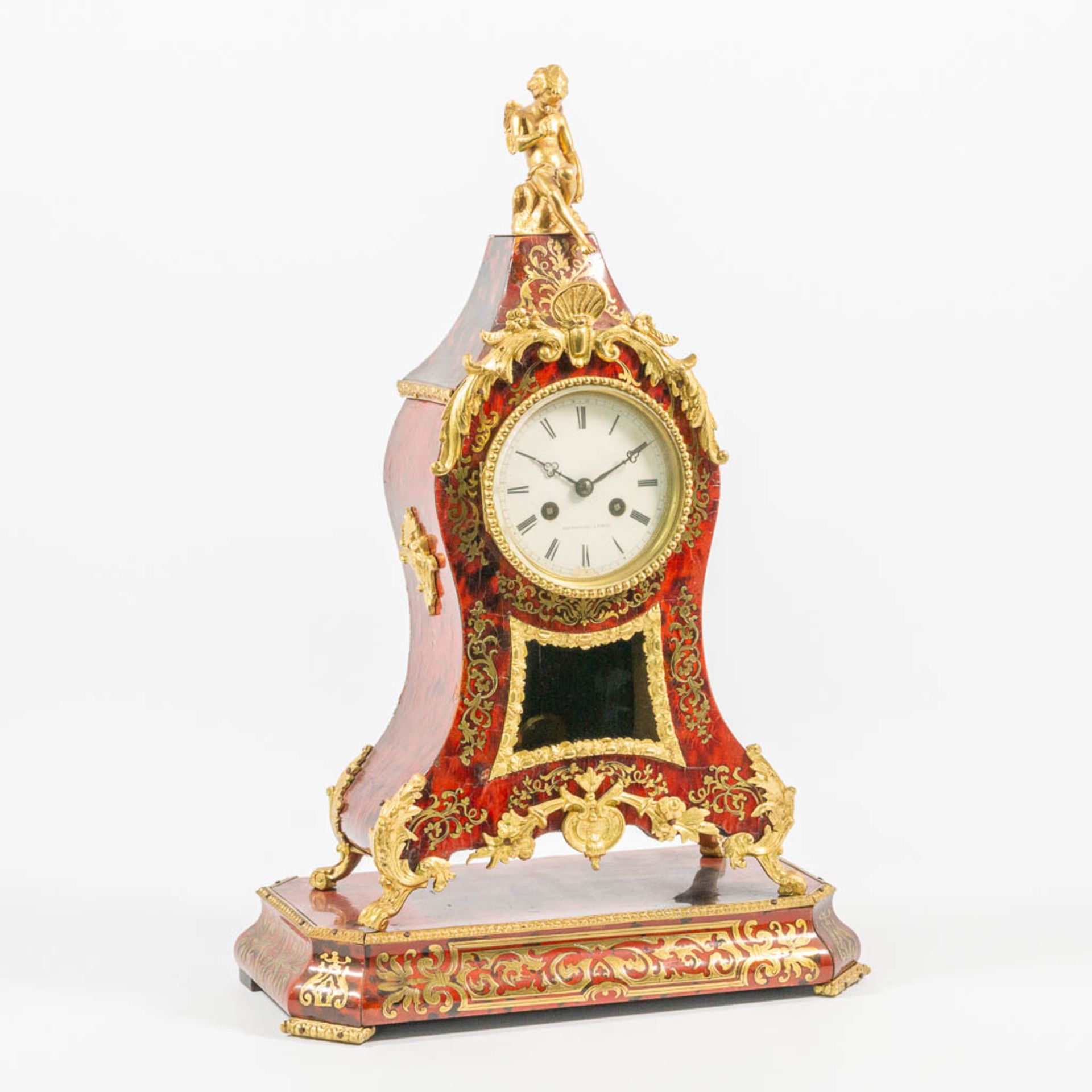 A table clock made of a wood base, with boulle inlay and mounted with bronze, marked Raingo Frères. - Bild 9 aus 15