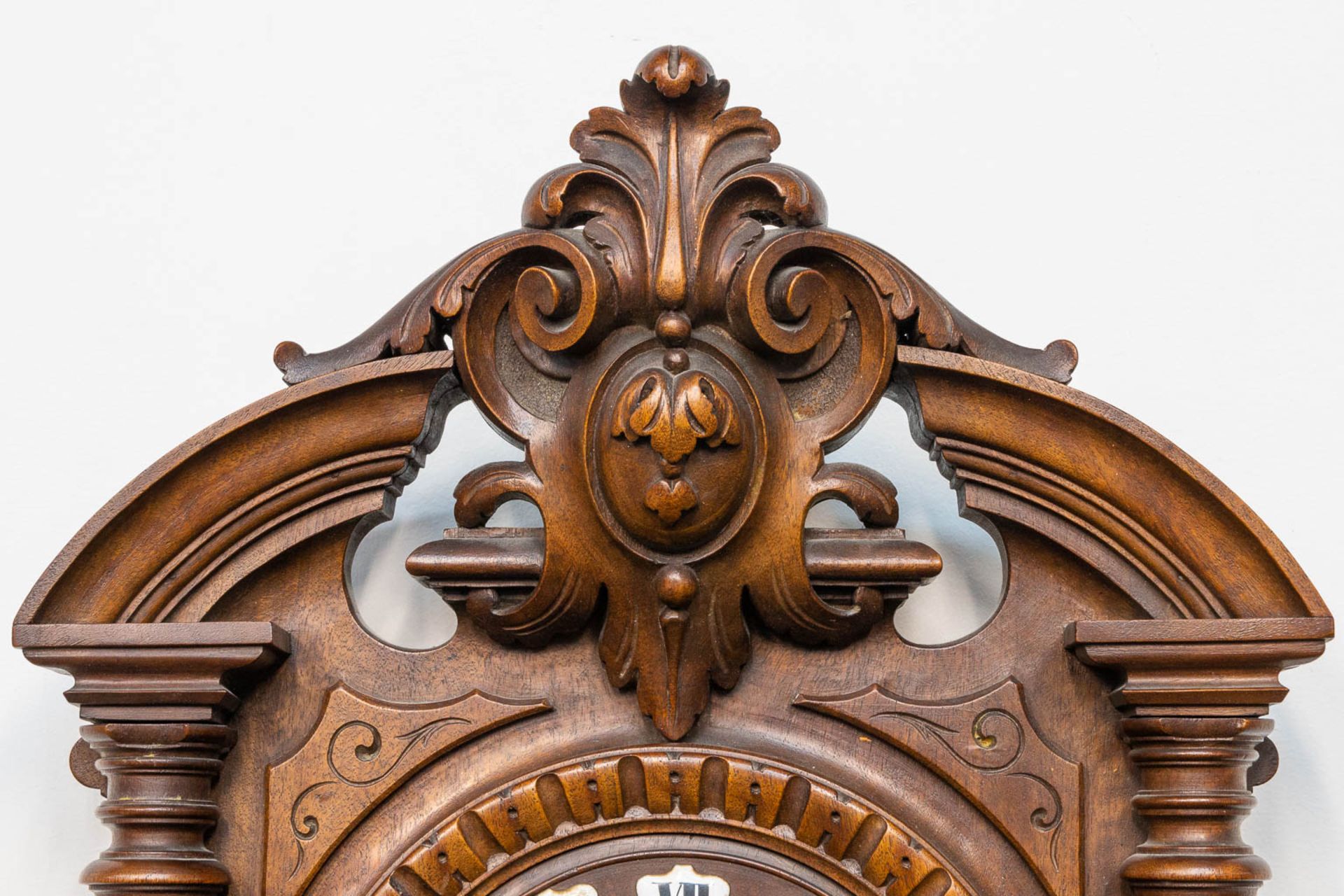 A sculptured wood cartel clock, with barometer - Image 10 of 12