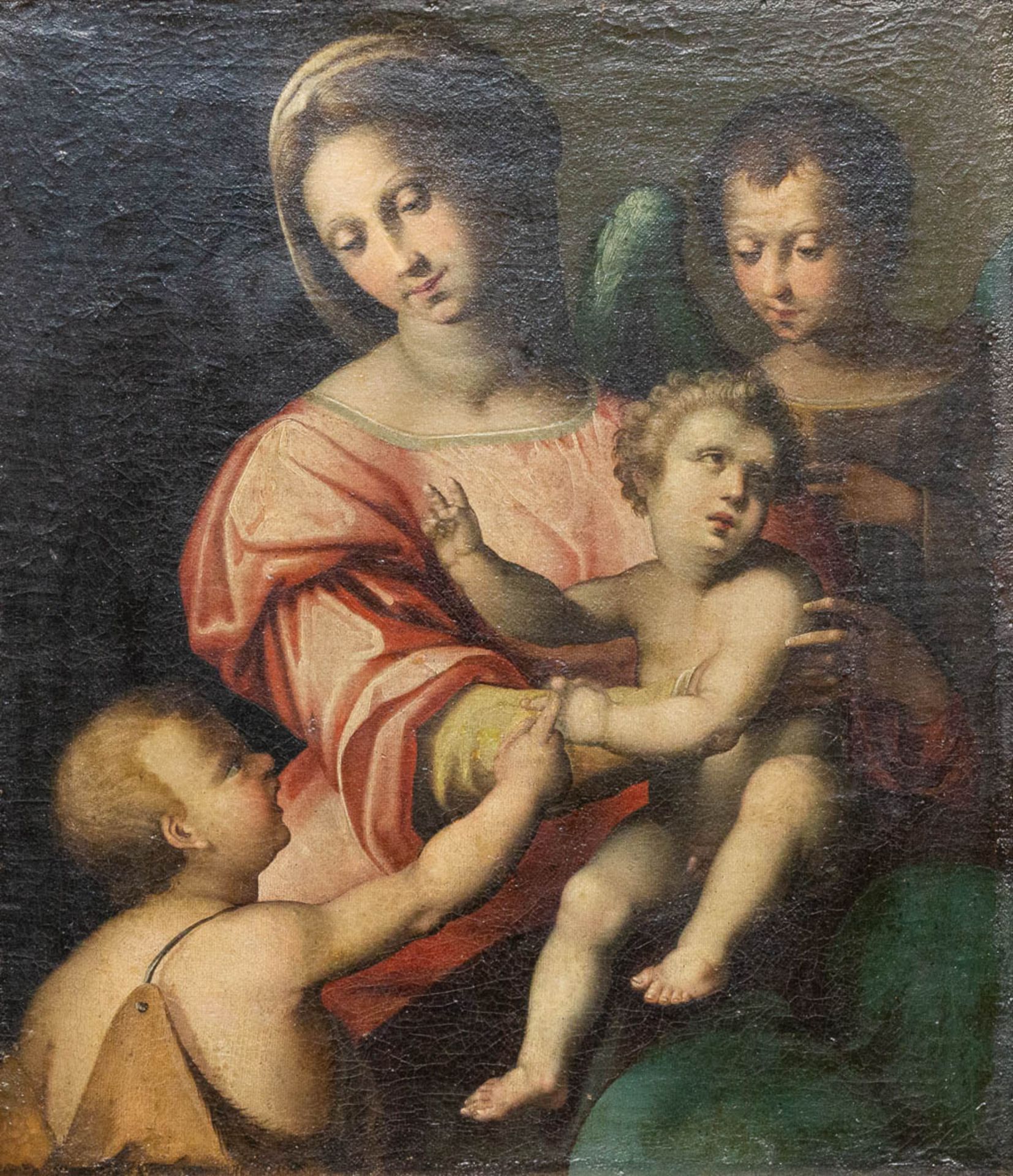 No Visible Signature, Mother with her children, and an angel, Painting oil on canvas.