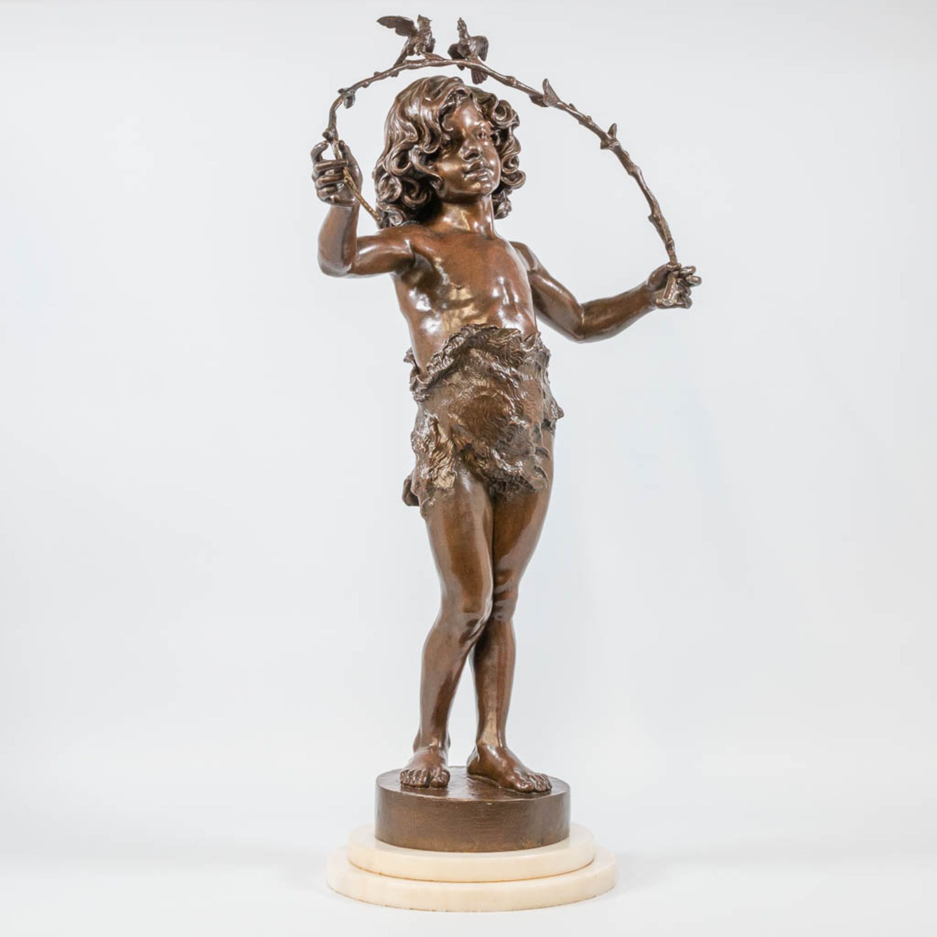Marcel DEBUT (1865-1933) bronze statue of a boy with a branch and 2 birds. 19th century. - Bild 10 aus 11