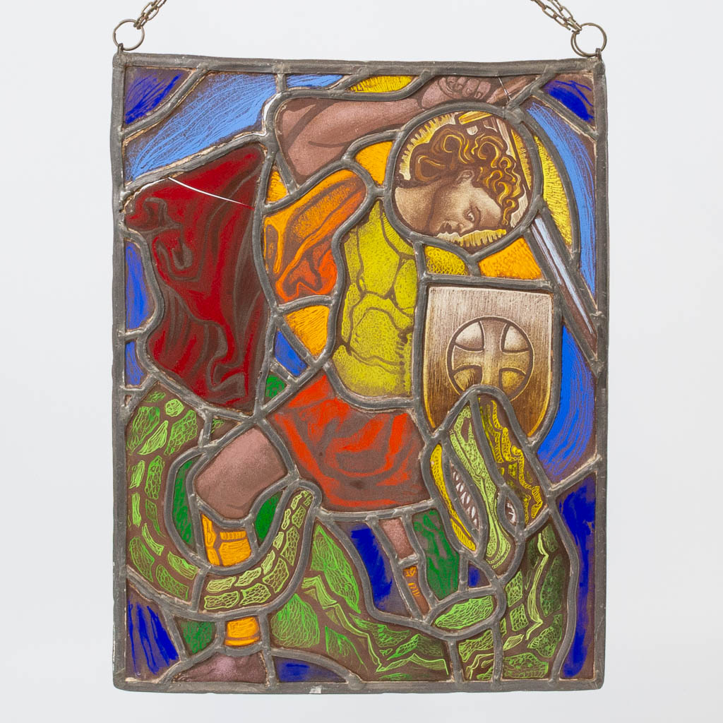 A collection of 7 Stained glass in lead window decorations, with religious decor and a view of Bruge - Image 12 of 21