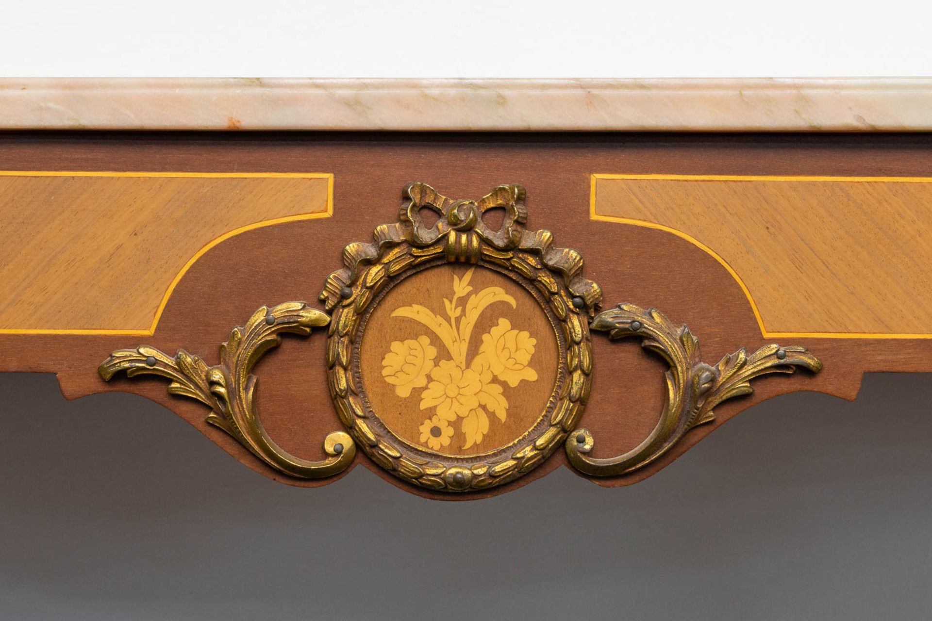 A console table with mirror, inlaid with marquetry, mounted with bronze and with a marble top. - Image 8 of 11