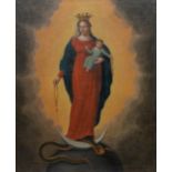 No signature found. Painting of Madonna with child, trampling a serpent.