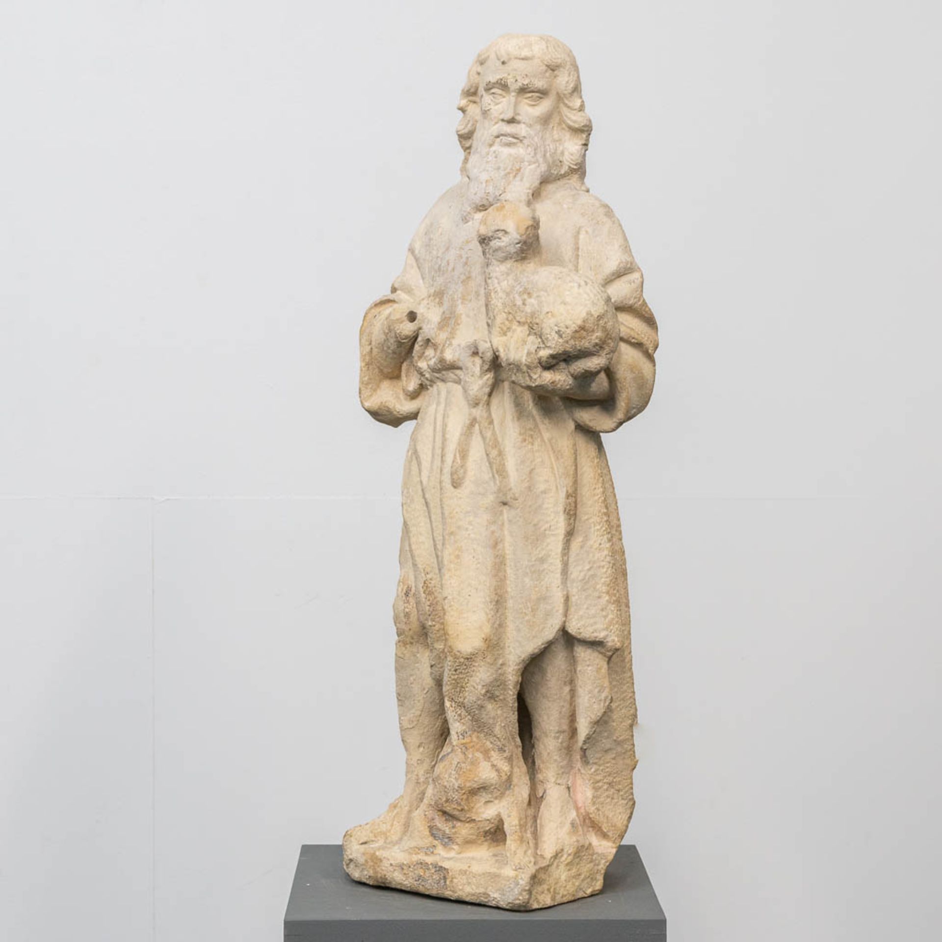 An antique statue of 'John The Baptist' with the lamb, made of sculptured stone. - Bild 4 aus 13