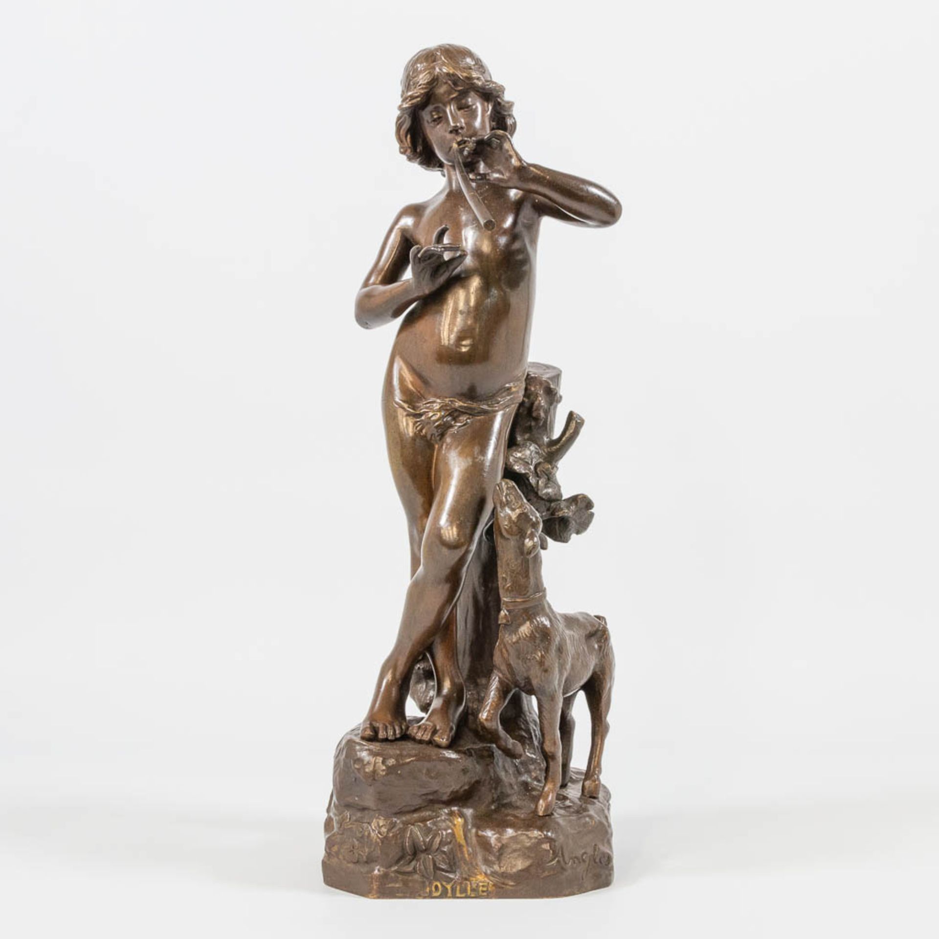 Joaquim ANGLES CANE (1859-c.1911) 'Idylle', a bronze statue, a man with a flute and goat