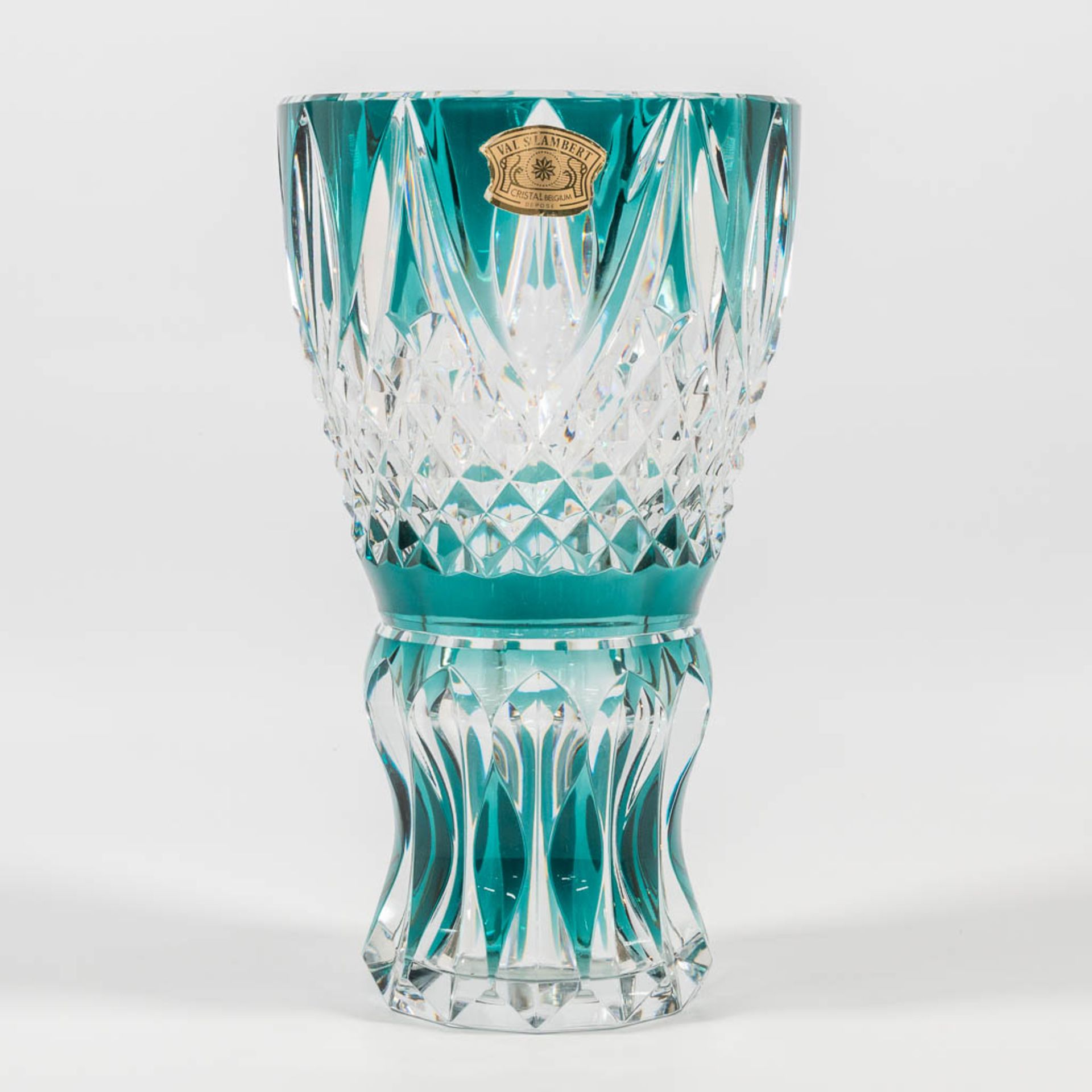 A large Val Saint Lambert crystal vase, marked with sticker and signature.