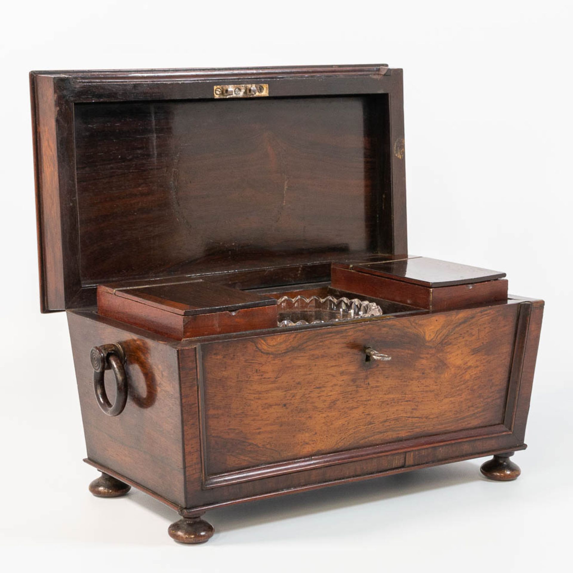 A walnut tea caddy with a crystal vase and 2 storage containers. - Image 13 of 26