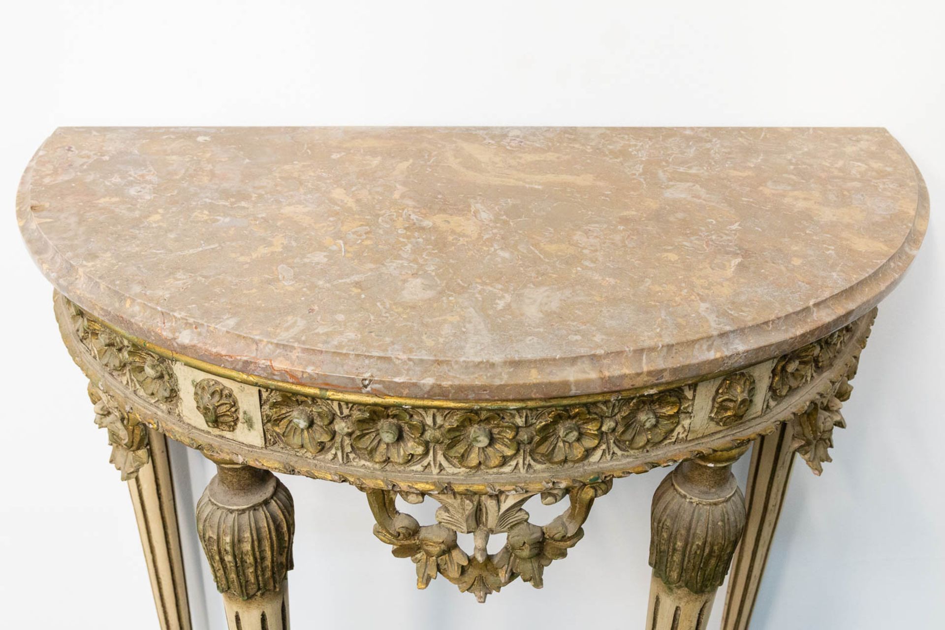 A Louis XVI style console table with marble top and sculptured wood decorations. - Image 6 of 12