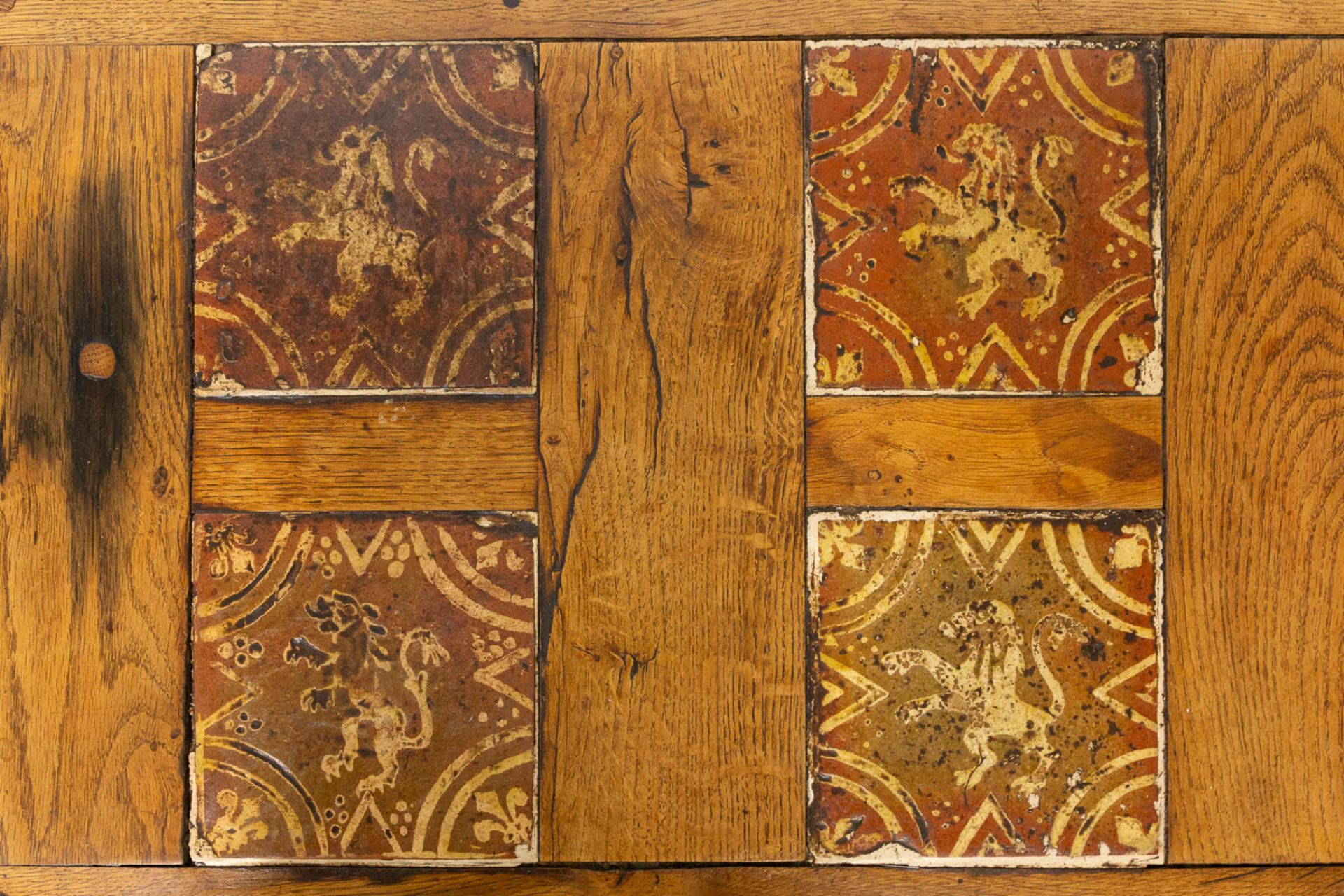 A Rustic coffee table with 8 inlaid tiles with Flemish Lion, probably made in the south of West-Flan - Image 12 of 14