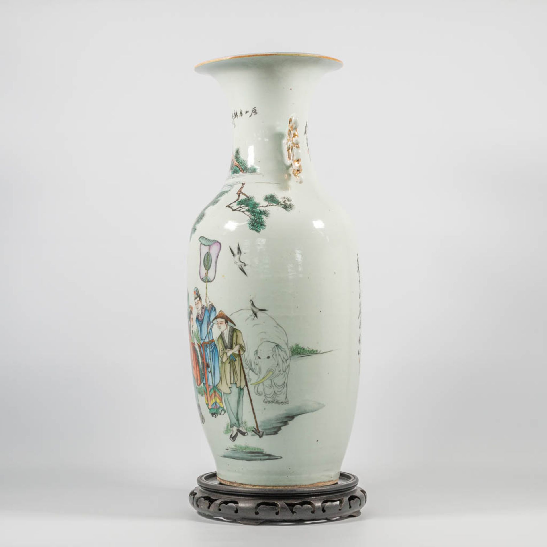 A Chinese vase with wise men, immortals an elephant and pine trees, caligraphic texts. - Image 5 of 13