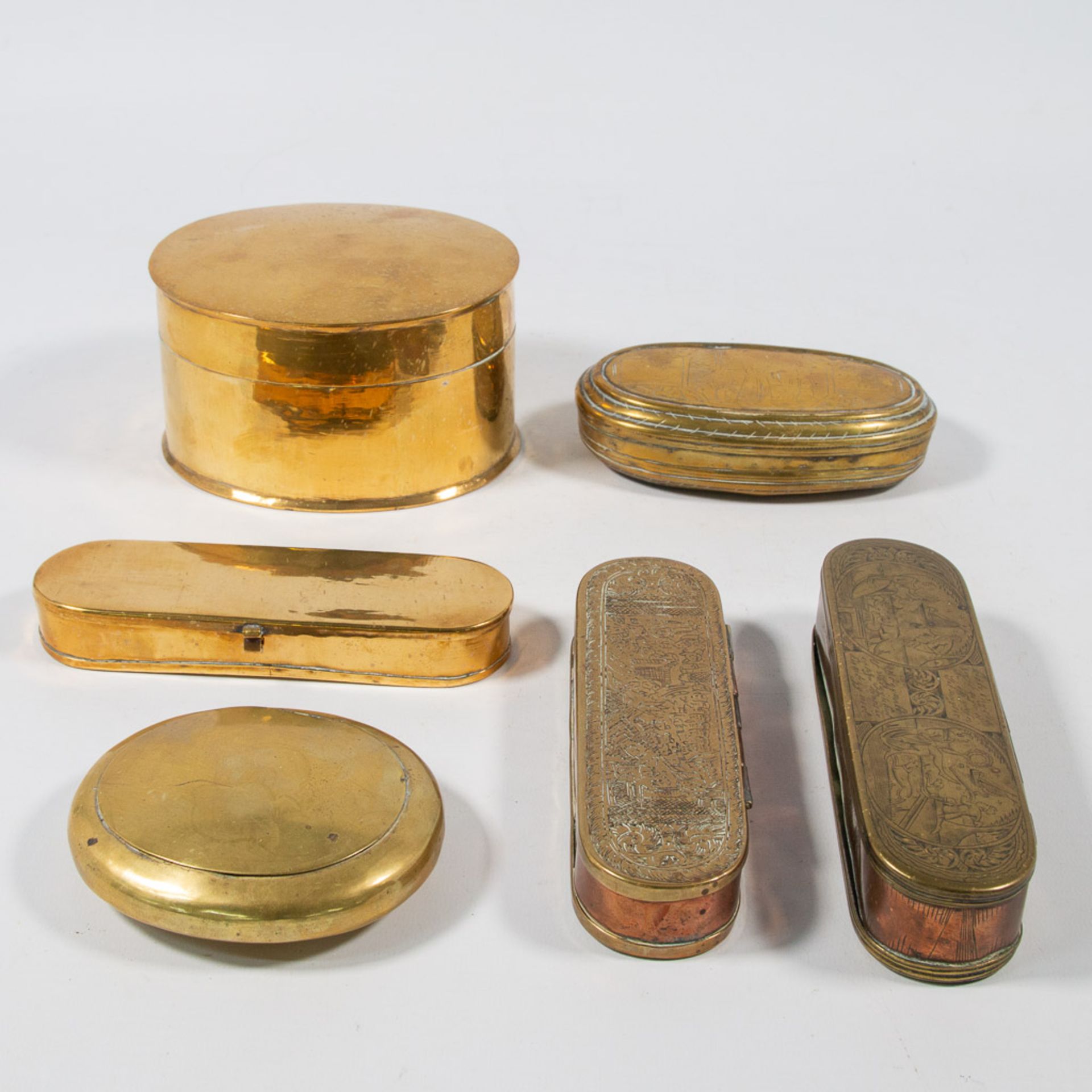 A collection of 6 copper tobacco jars, 17th-19th century