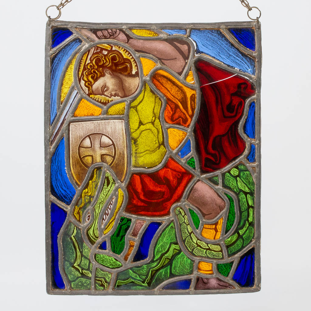 A collection of 7 Stained glass in lead window decorations, with religious decor and a view of Bruge - Image 15 of 21