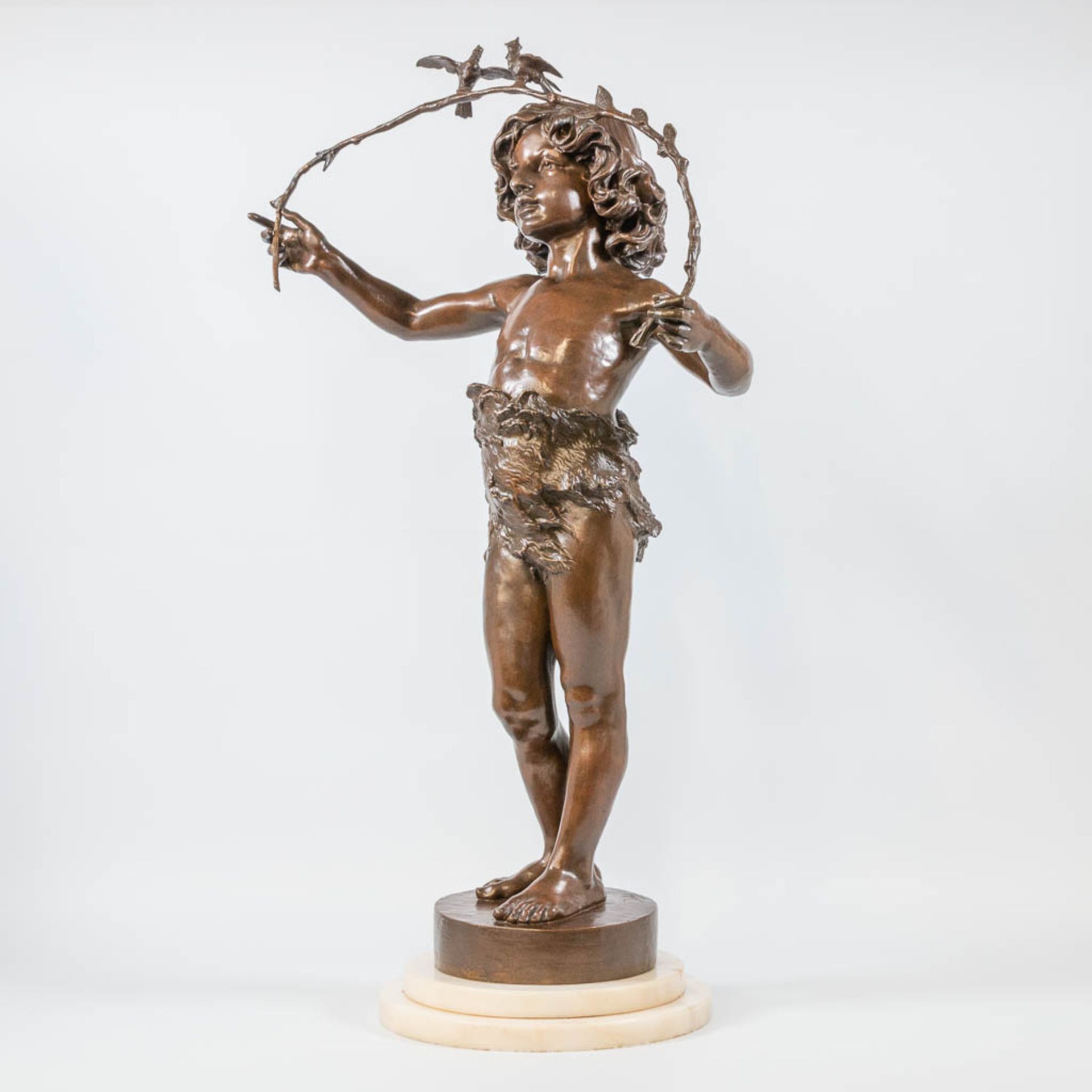 Marcel DEBUT (1865-1933) bronze statue of a boy with a branch and 2 birds. 19th century. - Bild 3 aus 11