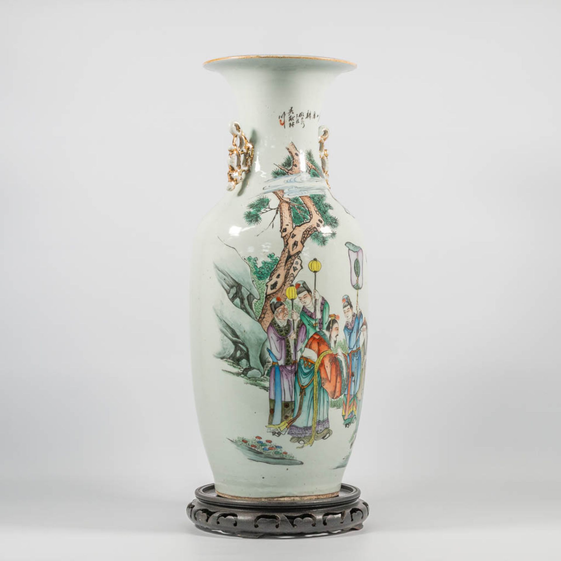 A Chinese vase with wise men, immortals an elephant and pine trees, caligraphic texts. - Image 2 of 13