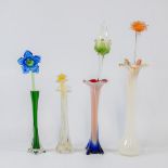 A collection of 4 vases and 4 glass flowers made in Murano, Italy.