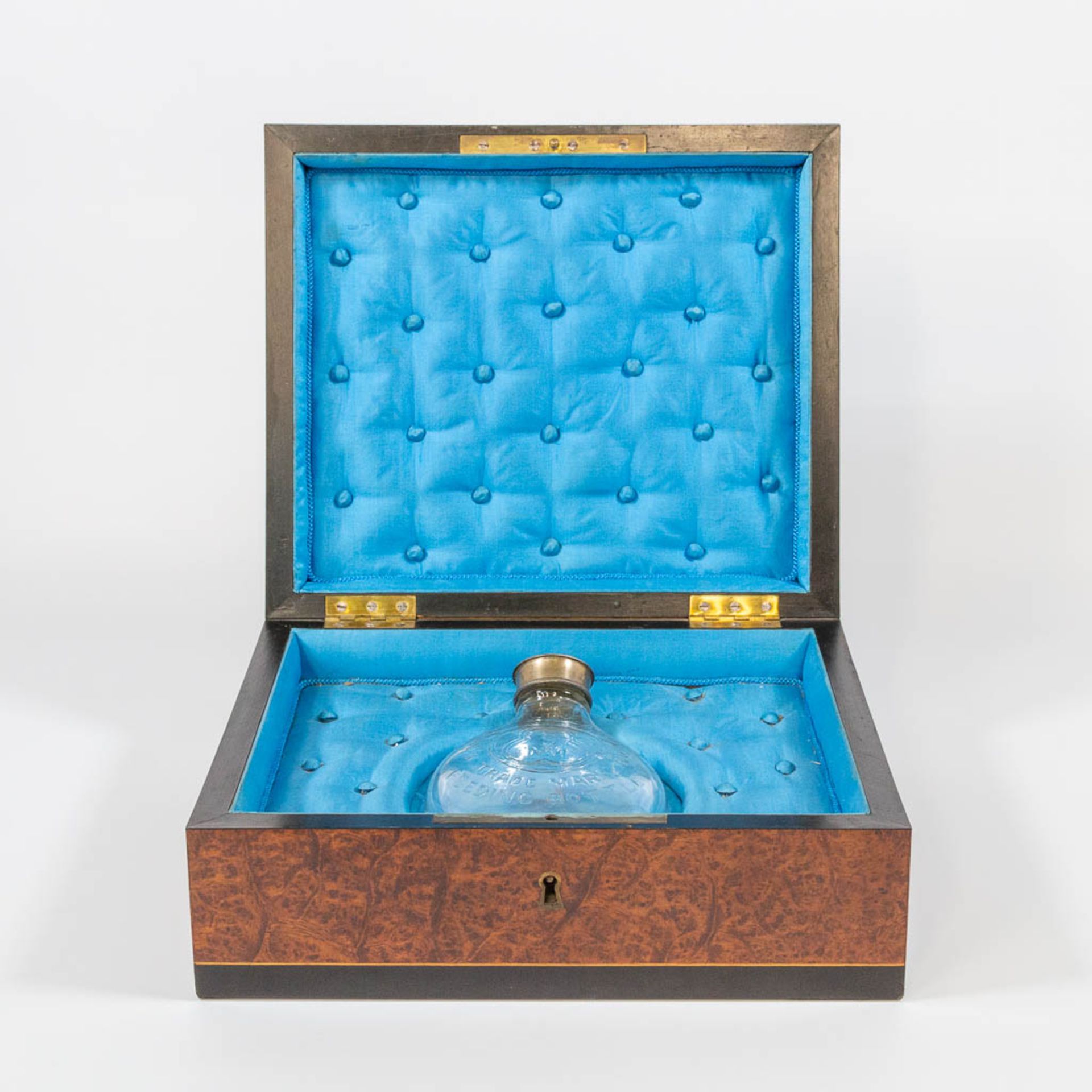 An Antique storage box, with inlaid ebony, root wood and cherry wood with brass. Marked Auguste 1877 - Image 8 of 13