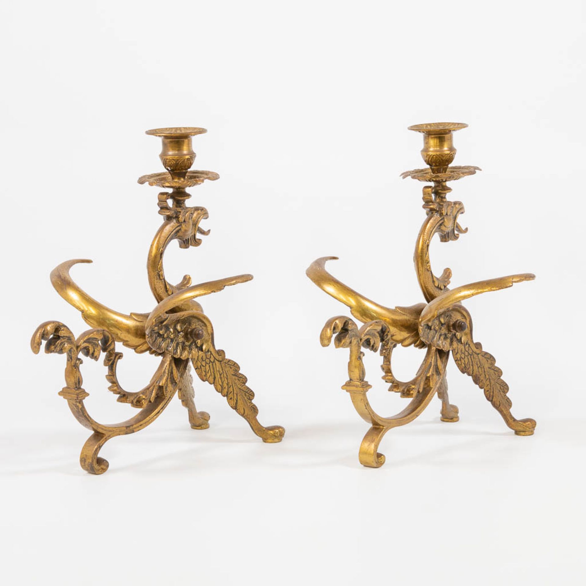 A pair of brass candlesticks in the shape of a dragon with wings. The first half of the 20th centur - Image 4 of 12