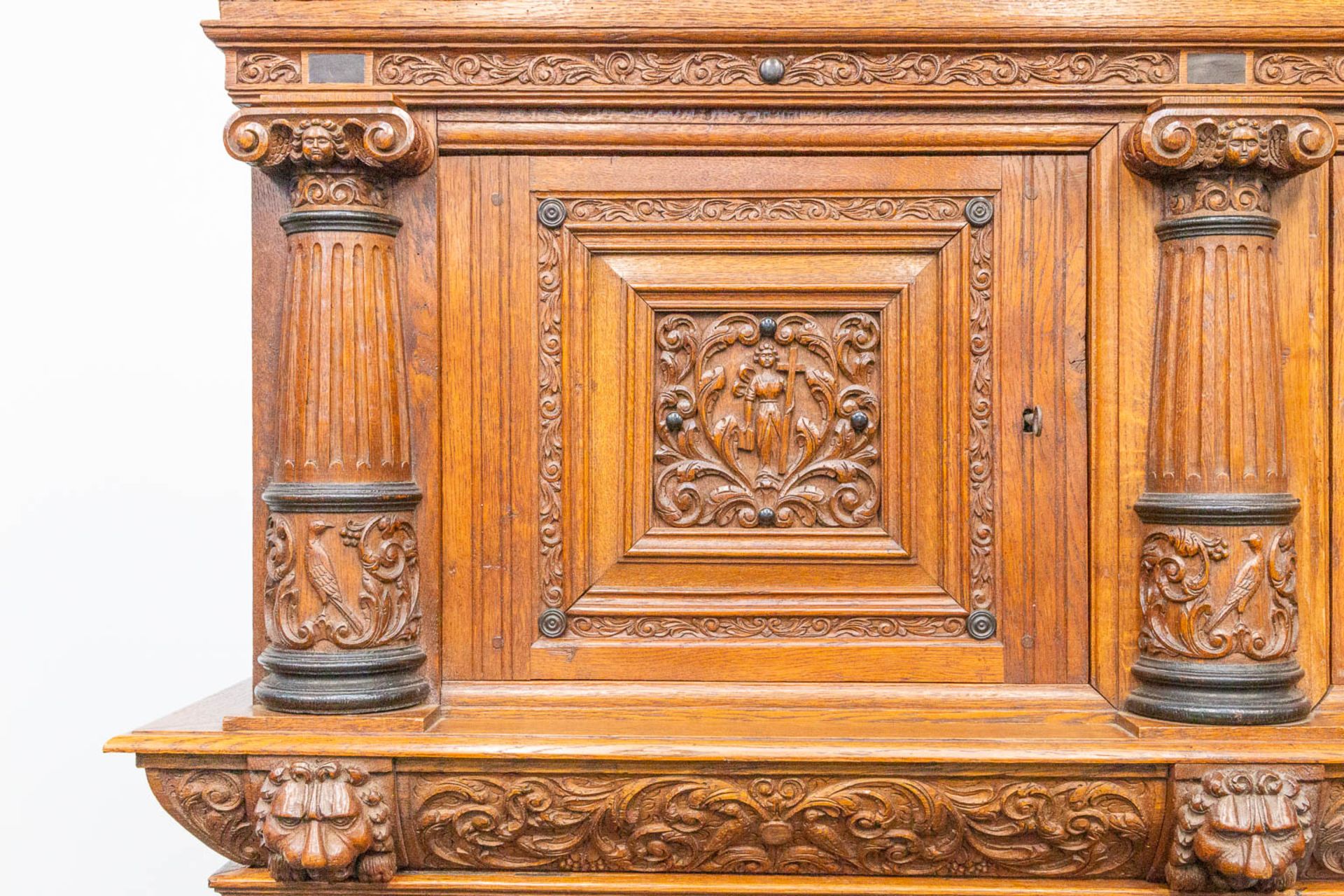 A cabinet, made in Flemish renaissance style, oak with fine sculptures, 19th century. - Image 21 of 27