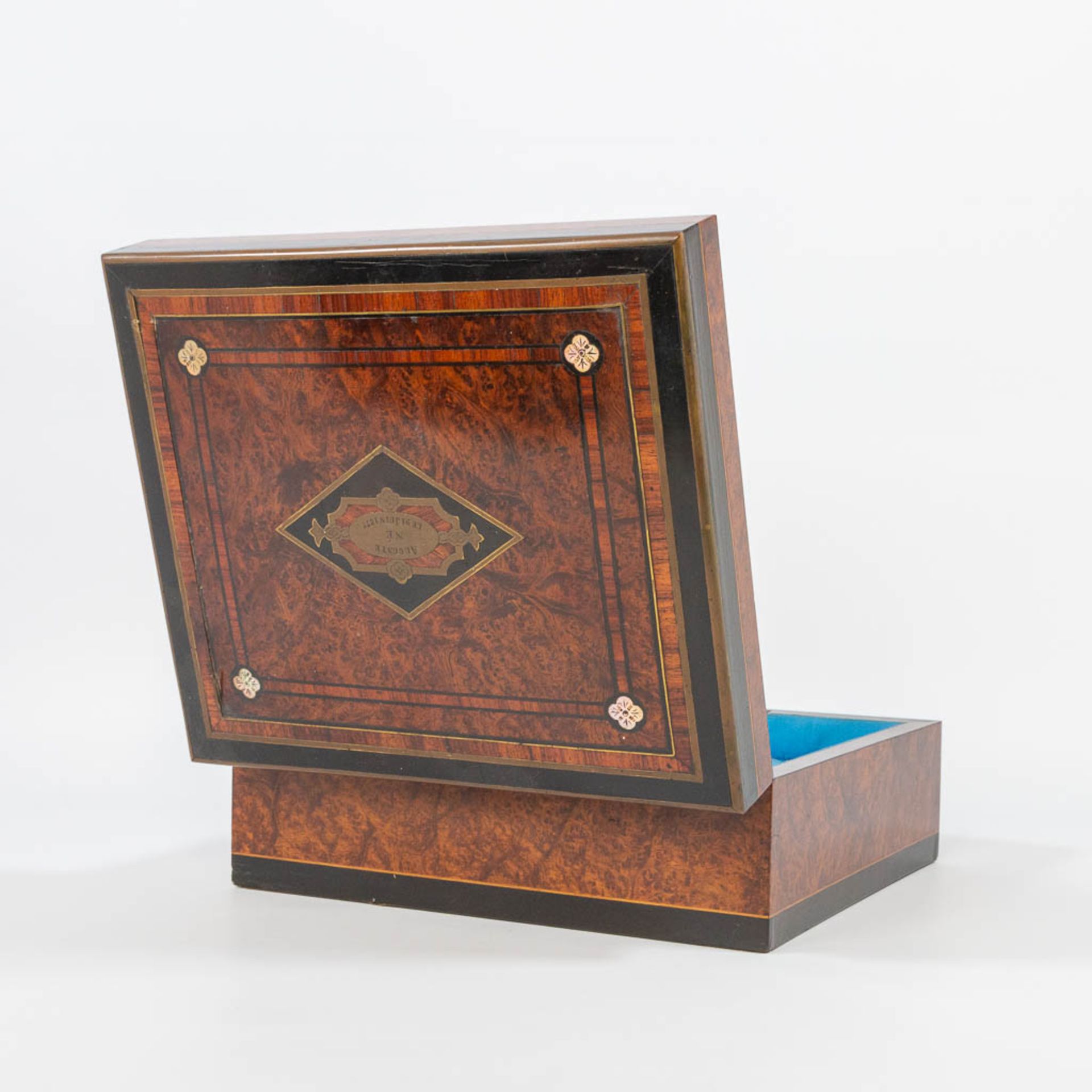 An Antique storage box, with inlaid ebony, root wood and cherry wood with brass. Marked Auguste 1877 - Image 4 of 13