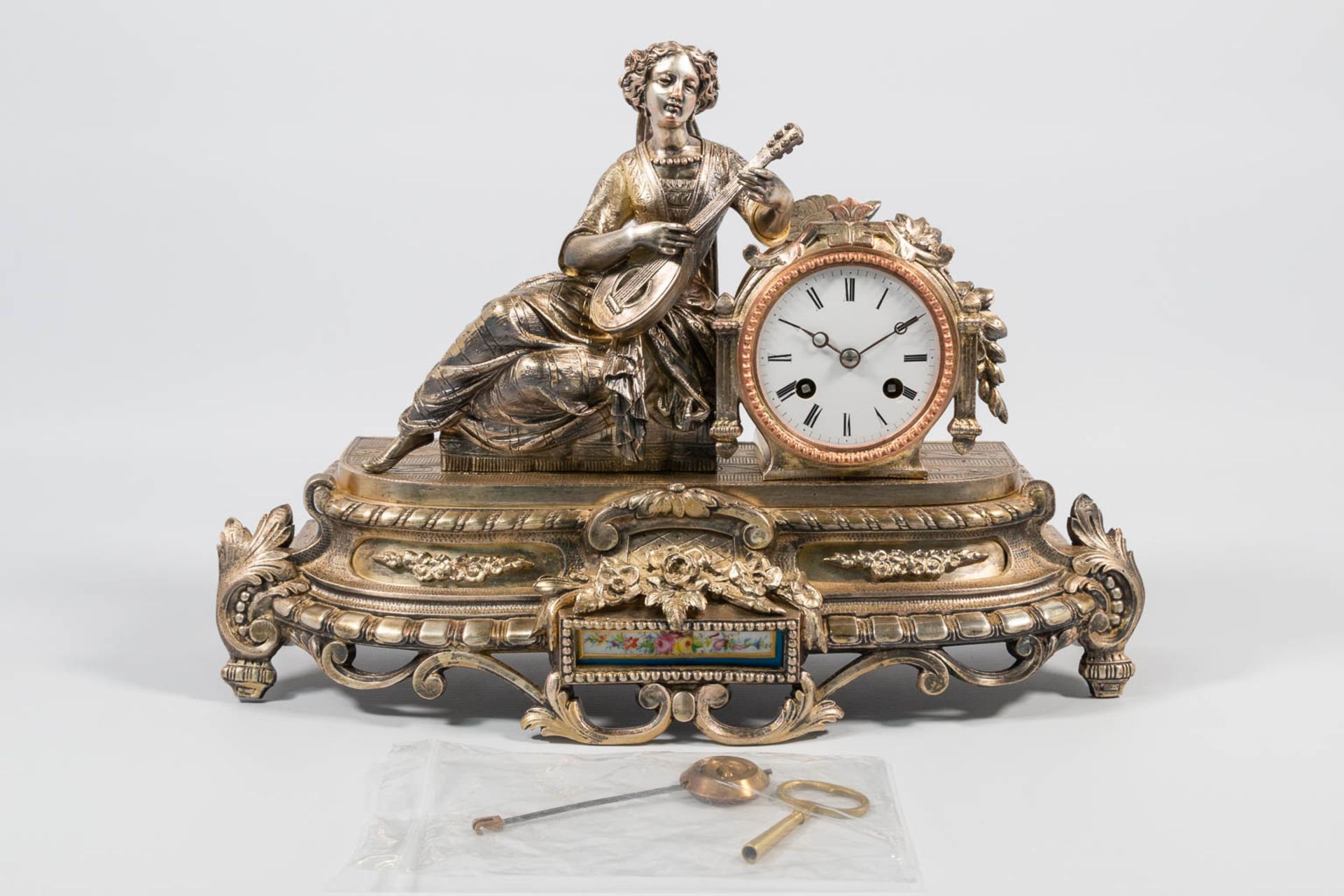 A Mantle clock with Romantic Scene, Silver plated Bronze. - Image 6 of 12