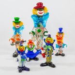 A collection of 6 clowns made of Glass, made in Murano, Italy.