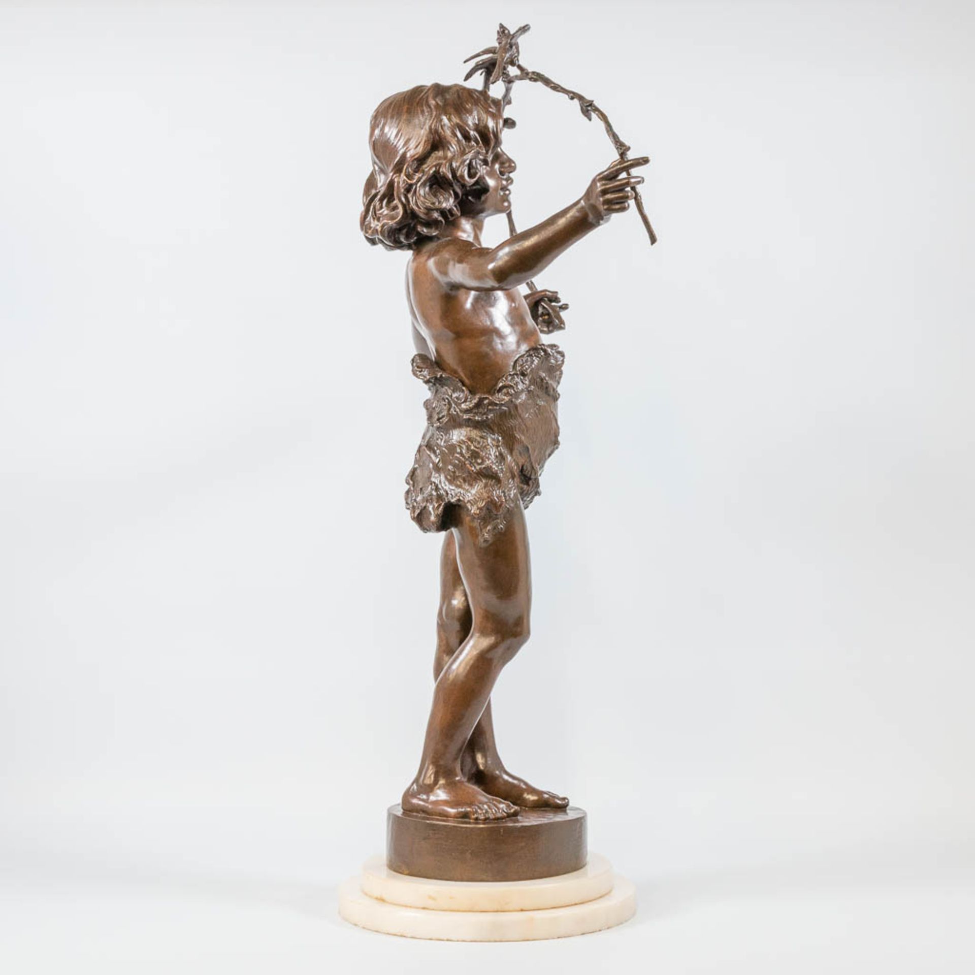 Marcel DEBUT (1865-1933) bronze statue of a boy with a branch and 2 birds. 19th century. - Bild 6 aus 11