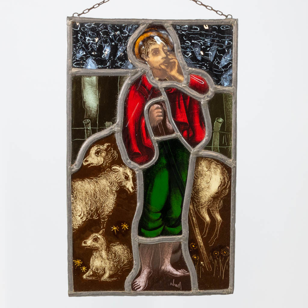 A collection of 7 Stained glass in lead window decorations, with religious decor and a view of Bruge - Image 13 of 21