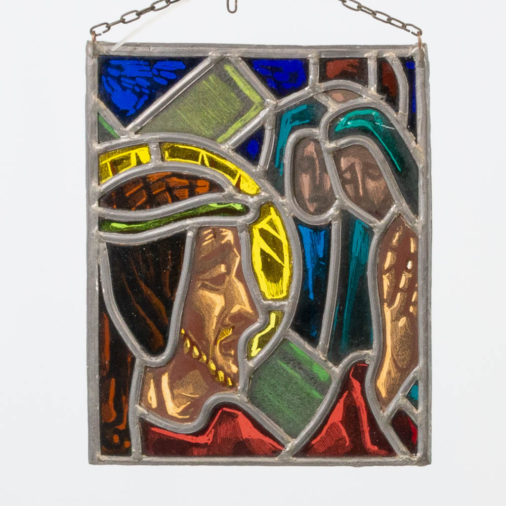 A collection of 7 Stained glass in lead window decorations, with religious decor and a view of Bruge - Image 14 of 21