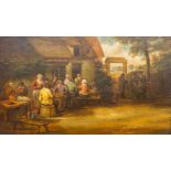 No signature found, an antique painting, oil on panel, 'The terrace next to the tavern'.