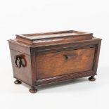 A walnut tea caddy with a crystal vase and 2 storage containers.