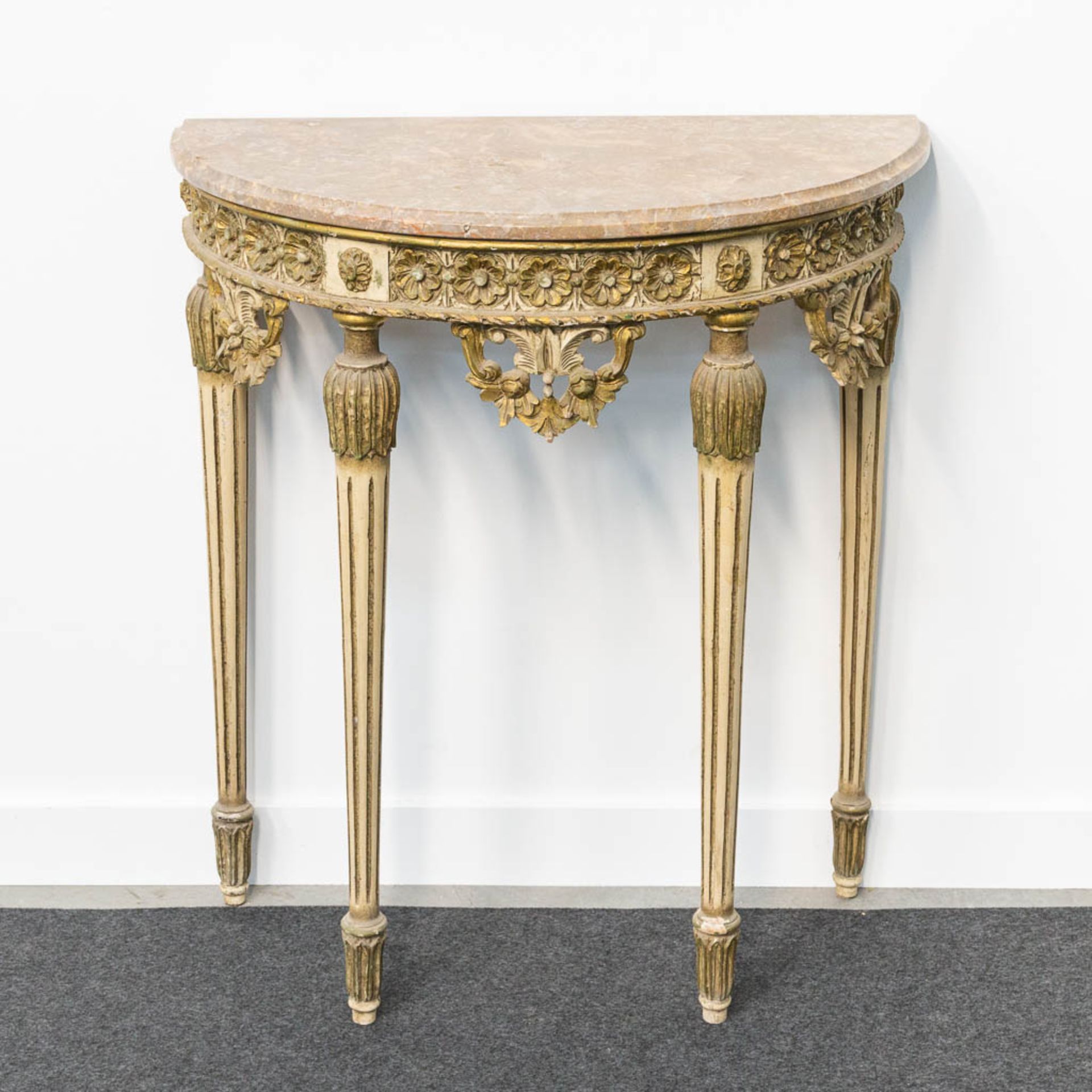 A Louis XVI style console table with marble top and sculptured wood decorations. - Image 2 of 12