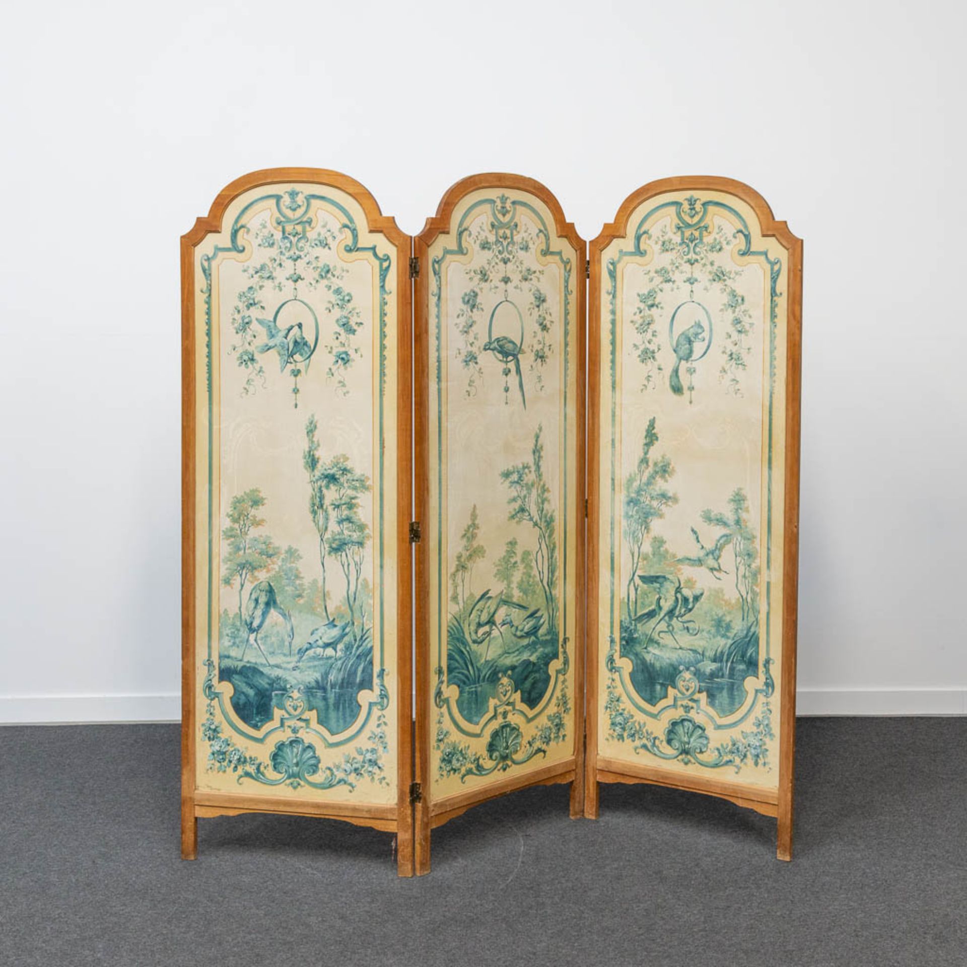 A hand painted folding screen / Room Divider with birds and landscapes