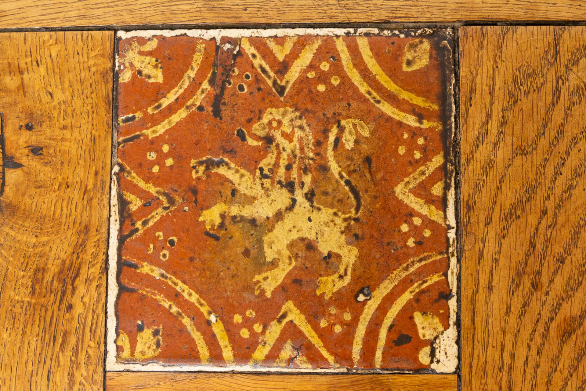 A Rustic coffee table with 8 inlaid tiles with Flemish Lion, probably made in the south of West-Flan - Image 14 of 14
