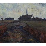 André BULTHE (1906-1998) River and bridge with church in background. Oil on canvas.