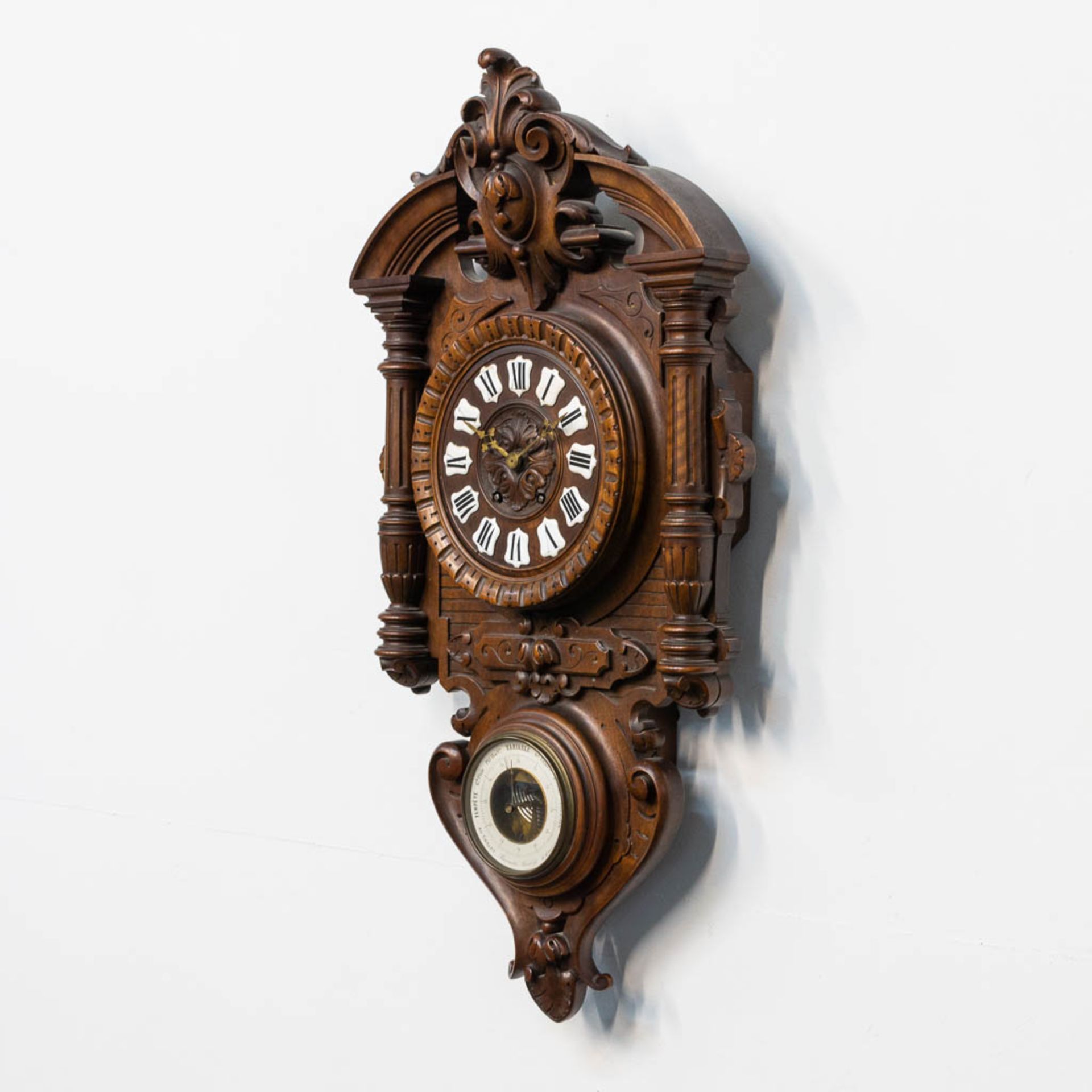 A sculptured wood cartel clock, with barometer - Image 3 of 12