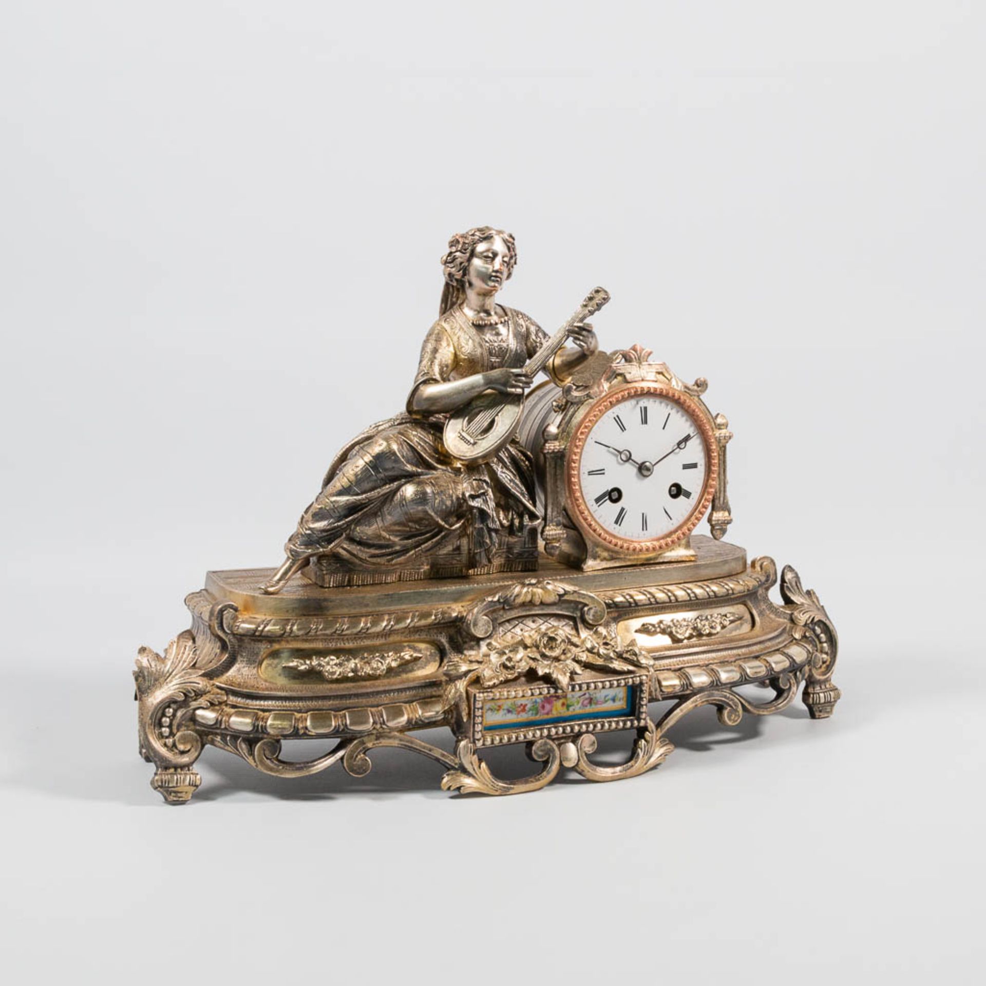 A Mantle clock with Romantic Scene, Silver plated Bronze. - Image 5 of 12