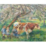 Raymond Louis LECOURT (1882-1946) a painting of a woman milking her cow, with children behind her un