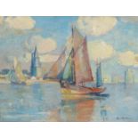 Paul MORCHAIN (1876-1939) a sailboat entering the harbor, oil on canvas.