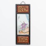 A chinese porcelain plaque in wood frame with images of antiquities and immortal figurines. 20th cen