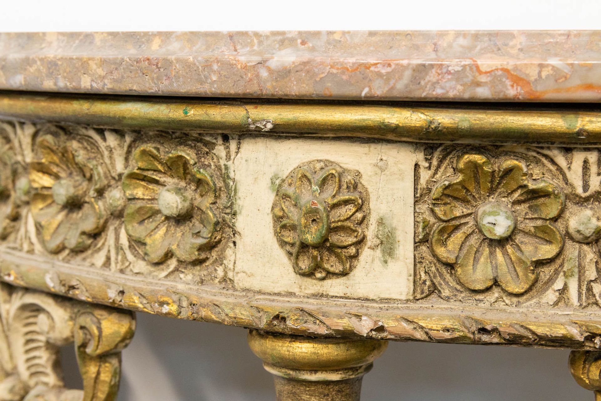 A Louis XVI style console table with marble top and sculptured wood decorations. - Image 8 of 12