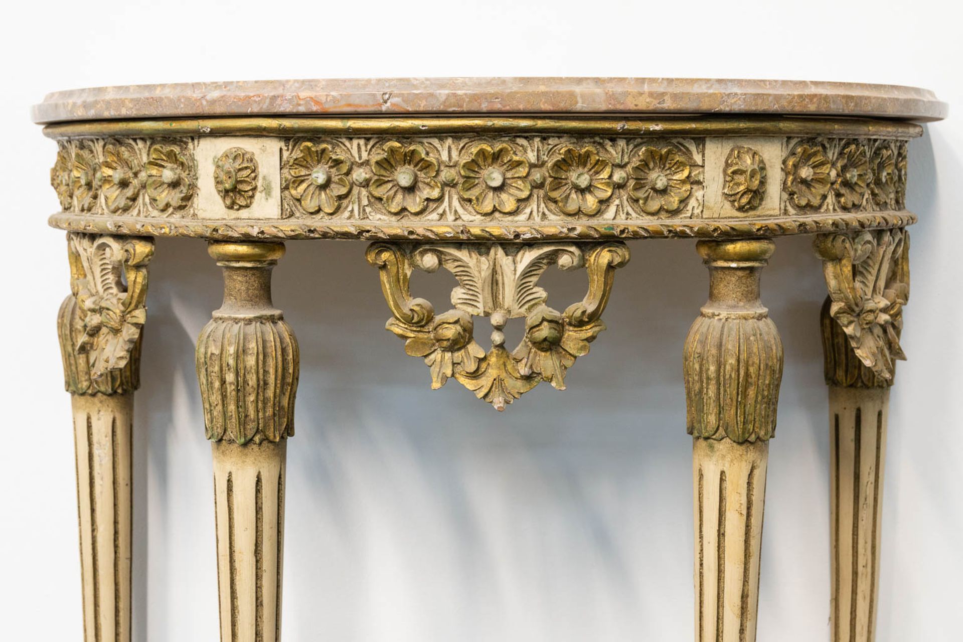 A Louis XVI style console table with marble top and sculptured wood decorations. - Image 10 of 12