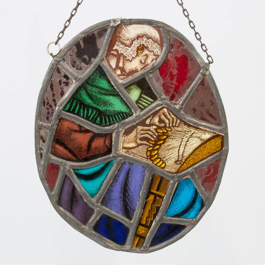 A collection of 7 Stained glass in lead window decorations, with religious decor and a view of Bruge - Image 17 of 21